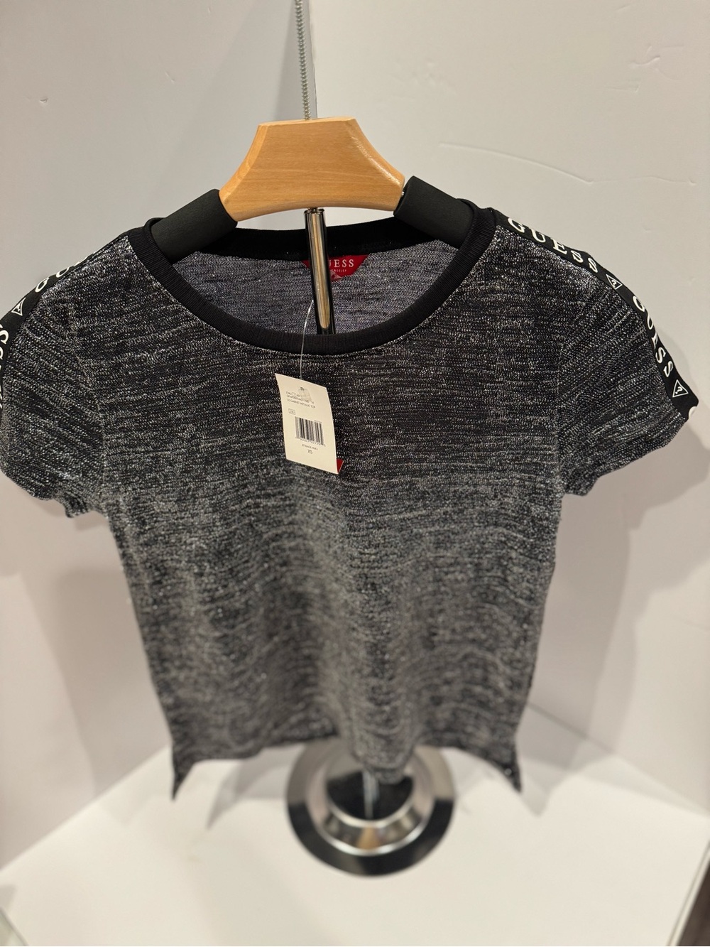 Guess Metallic Shimmer Tee Logo Shoulder Tape XS NWT